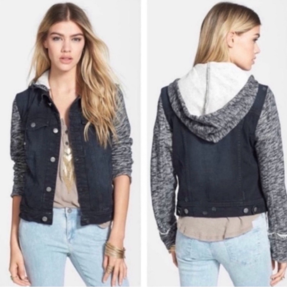 Free People Distressed Mixed Media Denim Jacket Black Sweater Sleeves – M - Picture 1 of 8